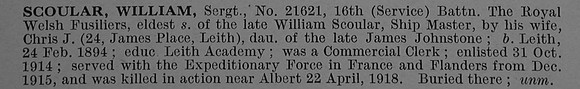 Scoular W Sergt 21621 16th Royal Welsh Fusiliers Short Obit De Ruvignys Roll Of Honour Vol 4
