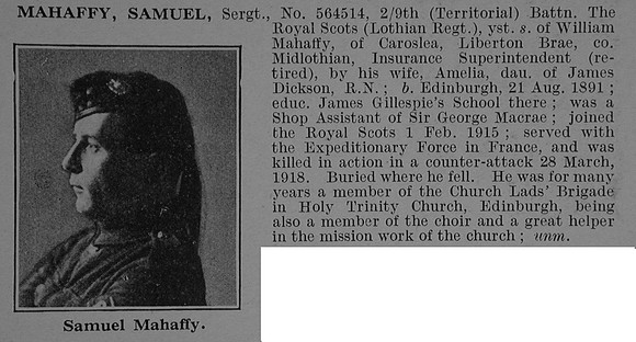 Mahaffy S Sergt 564514 9th Royal Scots Obit De Ruvignys Roll Of Honour Vol 4
