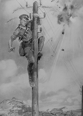 Mending A Wire Broken By Shell Fire Known As Treeing A Linesman Behind The Western Front