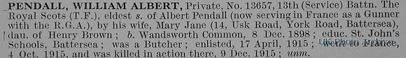 Pendall W A Pte 13657 13th Royal Scots Obit De Ruvignys Roll Of Honour Vol 1