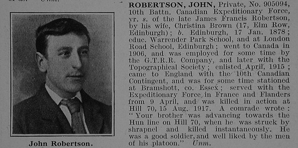 Robertson J Pte 905094 10th Canadian Infantry (Alberta Regiment) Obit De Ruvignys Roll Of Honour Vol 3