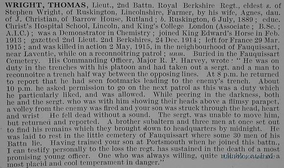 Wright T Lt 2nd Royal Berkshire Regiment Obit De Ruvignys Roll Of Honour Vol 1
