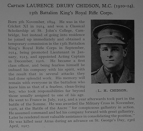 Chidson L D Captain MC 13th KRRC Obit Dulwich College Roll Of Honour