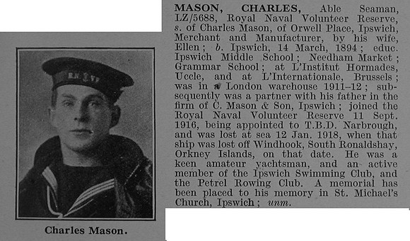 Mason C AB LZ-5688 H.M.S.Narbrough Royal Naval Volunteer Reserve Obit De Ruvignys Roll Of Honour Vol 4