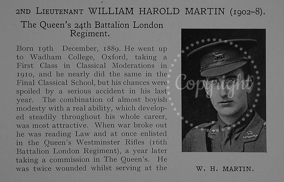 Martin W H 2nd Lt 24th London Regiment Obit Part 1 Dulwich College Roll Of Honour