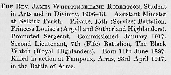 Robertson J W 2nd Lt 7th Black Watch Obit St Andrews University Roll Of Honour
