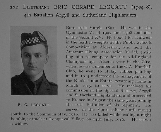 Leggatt E G 2nd Lt 4th Attd 10th Argyll and Sutherland Highlanders Obit Dulwich College Roll Of Honour