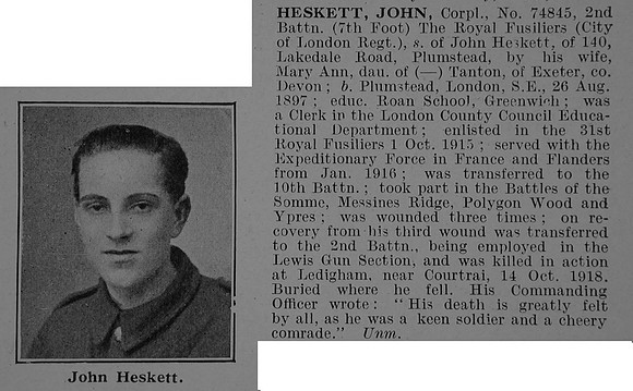 Heskett J Cpl 7485 2nd London Regiment Obit De Ruvignys Roll Of Honour Vol 5