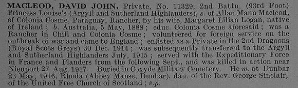 MacLeod D J Pte 11329 2nd Argyll & Sutherland Highlanders Obit De Ruvignys Roll Of Honour Vol 4
