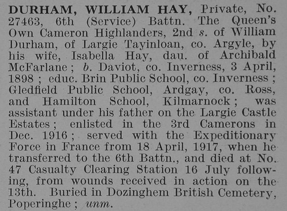 Durham W H Pte 6th Cameron Highlanders Obit De Ruvignys Roll Of Honour Vol 3