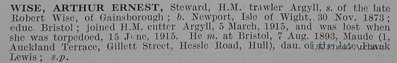 Wise A E Steward HMT Argyll Mercantile Marine Obit De Ruvignys Roll Of Honour Vol 1
