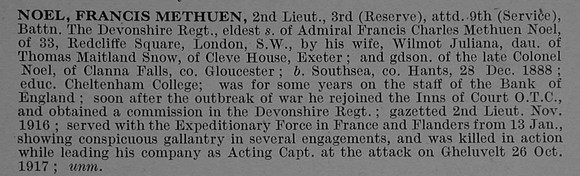 Noel F M 2nd Lt 3rd Attd 9th Devonshire Regiment Obit De Ruvignys Roll Of Honour Vol 4