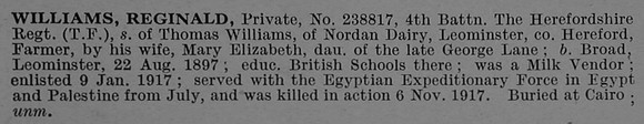 Williams R Pte 238817 4th Herefordshire Regiment Short Obit De Ruvignys Roll Of Honour Vol 4