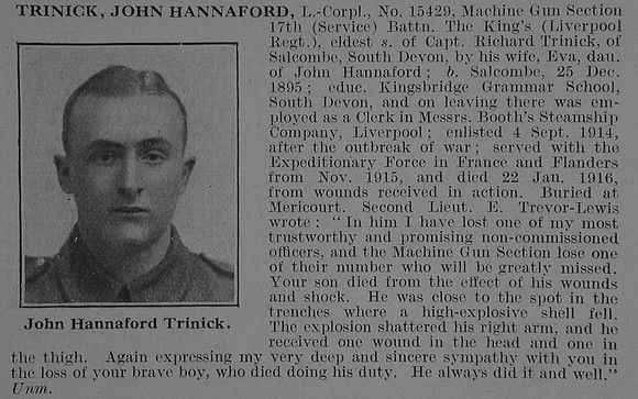 Trinick J H LCpl 15429 17th Kings Liverpool Regiment Obit De Ruvignys Roll Of Honour Vol 3