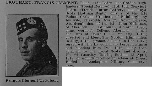 Urquhart F C Lt 11th Gordon Highlanders Attd 16th Royal Scots Obit De Ruvignys Roll Of Honour Vol 4