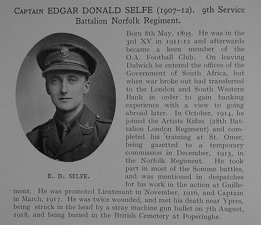 Selfe E D Captain 9th Norfolk Regiment Obit Dulwich College Roll Of Honour