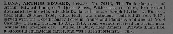 Lunn A E Pte 79213 Tank Corps Obit De Ruvignys Roll Of Honour Vol 4