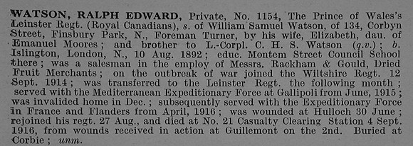 Watson R E Pte 1154 7th Leinster Regiment Obit De Ruvignys Roll Of Honour Vol 4