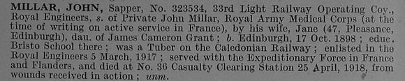 Millar J Sapper 323534 Royal Engineers Obit De Ruvignys Roll Of Honour Vol 4