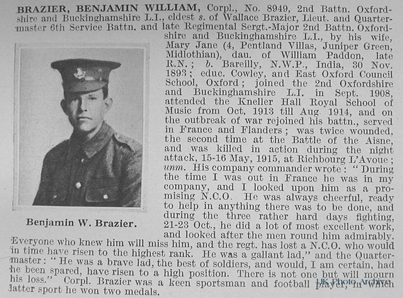 Brazier B W Cpl 8949 2nd Oxford & Bucks Light Infantry Obituary De Ruvignys Roll Of Honour Vol 1