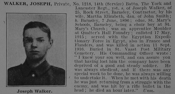 Walker J Pte 1218 14th York & Lancaster Regiment Obit De Ruvignys Roll Of Honour Vol 3