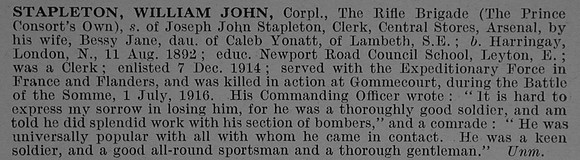 Stapleton W J Cpl 1314 5th London Regiment (London Rifle Brigade) Obit De Ruvignys Roll Of Honour Vol 4