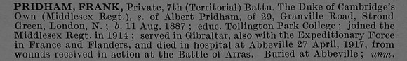 Pridham F Pte 7th Middlesex Regiment Short Obit De Ruvignys Roll Of Honour Vol 4