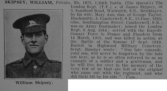Skipsey W Pte 1875 24th London Regiment Obit De Ruvignys Roll Of Honour Vol 3