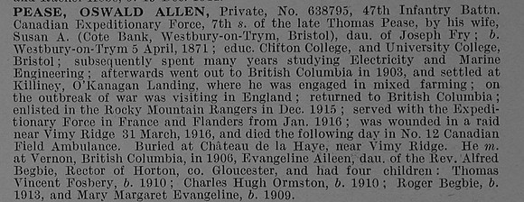 Pease O A Pte 638795 47th Canadian Infantry (Western Ontario Regiment) Obit De Ruvignys Roll Of Honour Vol 4