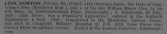 Linn N Pte 179257 14th Middlesex Regiment Obit De Ruvignys Roll Of Honour Vol 4