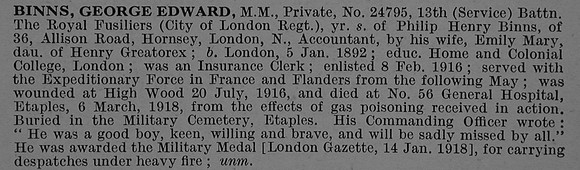 Binns G E Pte MM 24795 13th Royal Fusiliers Obit De Ruvignys Roll Of Honour Vol 4