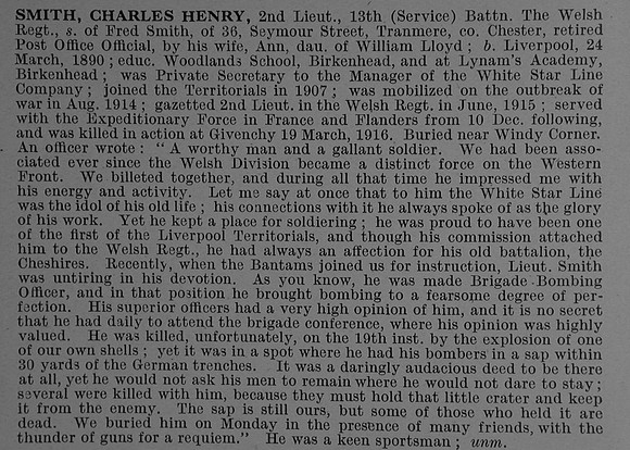 Smith C H 2nd Lt 13th Welsh Regiment Obit De Ruvignys Roll Of Honour Vol 4
