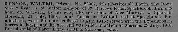 Kenyon W Pte 22907 4th Royal Sussex Regiment Obit De Ruvignys Roll Of Honour Vol 4