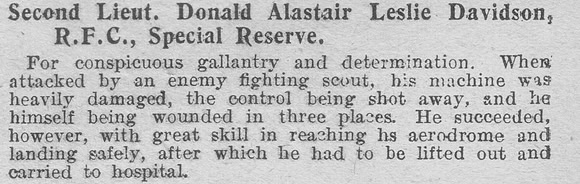 Davidson D A 2nd Lt Royal Flying Corps MC Citation The Graphic 28th July 1916