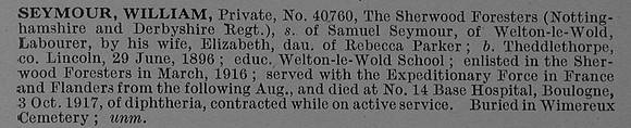 Seymour W Pte 40760 15th Sherwood Foresters (Notts and Derby Regiment) Obit De Ruvignys Roll Of Honour Vol 4