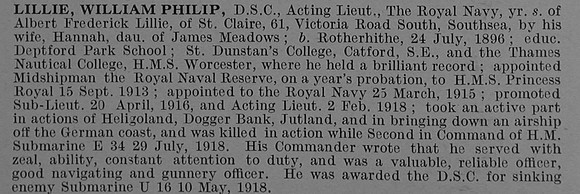 Lillie W P Lt DSC  H.M. SM E34 Royal Navy Obit De Ruvignys Roll Of Honour Vol 4