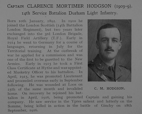 Hodgson C M Captain 14th Durham Light Infantry Obit Dulwich College Roll Of Honour