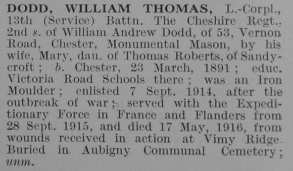 Dodd W T L/Cpl 13th Cheshire Regiment Obit De Ruvignys Roll Of Honour Vol 3