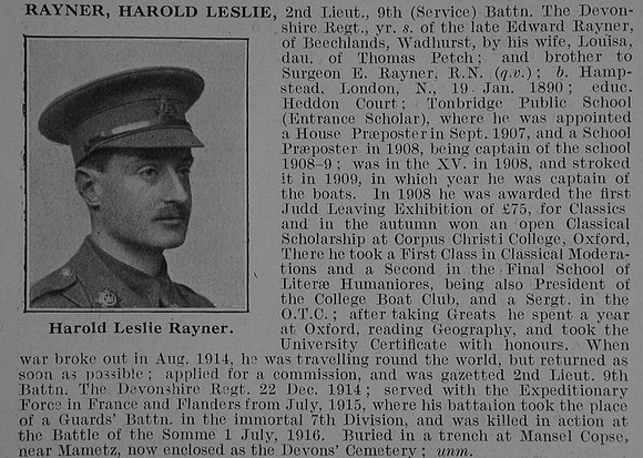 Rayner H L 2nd Lt 9th Devonshire Regiment Obit De Ruvignys Roll Of Honour Vol 3