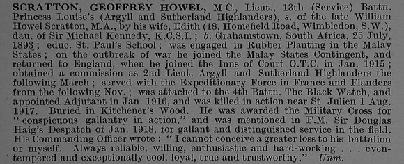 Scratton G H Lt MC 13th Argyll & Sutherland Highlanders Obit De Ruvignys Roll Of Honour Vol 4