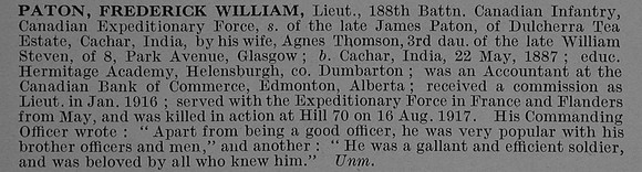 Paton F W Lt 5th Canadian Infantry (Saskatchewan Regiment) Obit De Ruvignys Roll Of Honour Vol 4