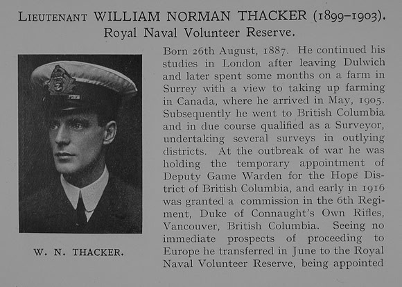 Thacker W N Lt Royal Naval Volunteer Reserve Obit Dulwich College Roll Of Honour