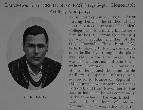 East C R LCpl 1463 Honourable Artillery Company Obit Dulwich College Roll Of Honour