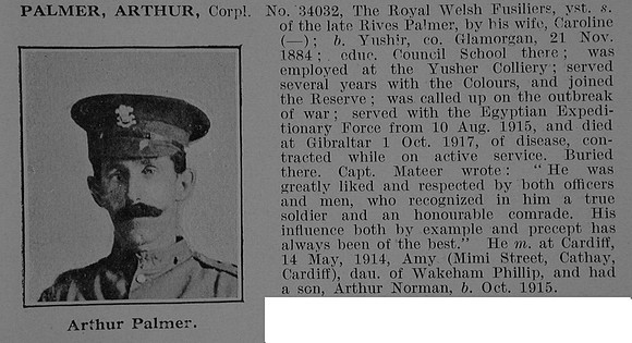 Palmer A Cpl 34032 1st  Royal Welsh Fusiliers Obit De Ruvignys Roll Of Honour Vol 5