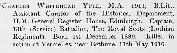 Yule C W Captain 13th Royal Scots Obit St Andrews University Roll Of Honour