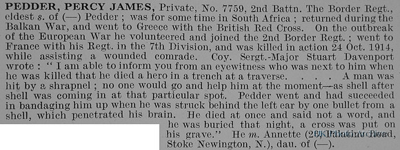 Pedder P J Pte 7759 2nd Border Regiment Obit De Ruvignys Roll Of Honour Vol 1