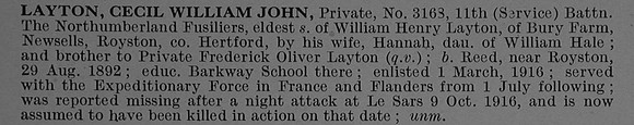 Layton C W J Pte 3163 11th Northumberland Fusiliers Obit De Ruvignys Roll Of Honour Vol 4