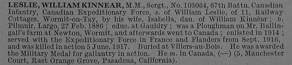 Leslie W K Sergt MM 102nd Canadian Infantry (Central Ontario Regiment) Obit De Ruvignys Roll Of Honour Vol 4