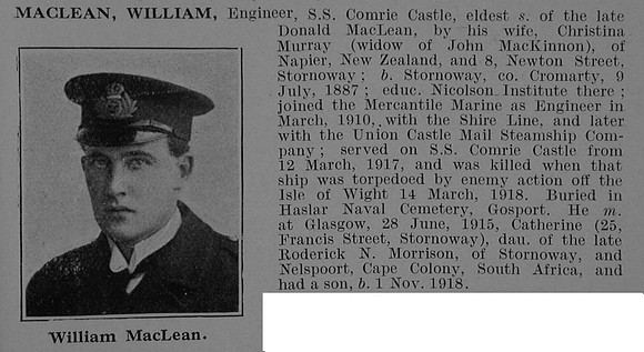 MacLean W Eng SS Comrie Castle Mercantile Marine Obit De Ruvignys Roll Of Honour Vol 5