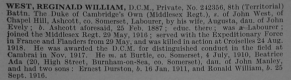 West R W Pte DCM 242356 8th Middlesex Regiment Obit De Ruvignys Roll Of Honour Vol 4